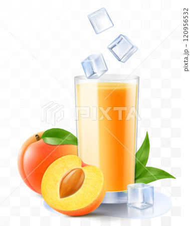 A glass of fresh apricot juice or smoothie with ice cubes. Cup of cocktail or yogurt with ripe sweet apricot fruits, isolated on transparent background. Realistic 3d vector A glass of fresh apricot juice or smoothie with ice cubes. Cup of cocktail or yogurt with ripe sweet apricot fruits, isolated on transparent background. Realistic 3d vector 120956532