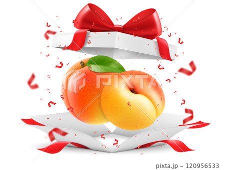 Ripe juicy apricot fruits in open gift box with a red bow isolated on transparent background. Delicious sweet fruit. Realistic 3d vector illustration. Summer design. Concept of healthy food, Ripe juicy apricot fruits in open gift box with a red bow isolated on transparent background. Delicious sweet fruit. Realistic 3d vector illustration. Summer design. Concept of healthy food, 120956533