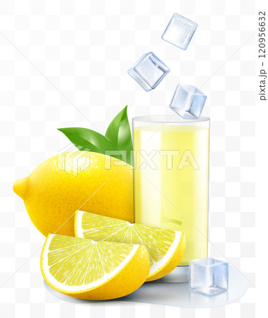 A glass of fresh lemonade with ice cubes. Juice or smoothie with lemon fruits isolated on transparent background. Realistic 3d vector illustration. A glass of fresh lemonade with ice cubes. Juice or smoothie with lemon fruits isolated on transparent background. Realistic 3d vector illustration. 120956632
