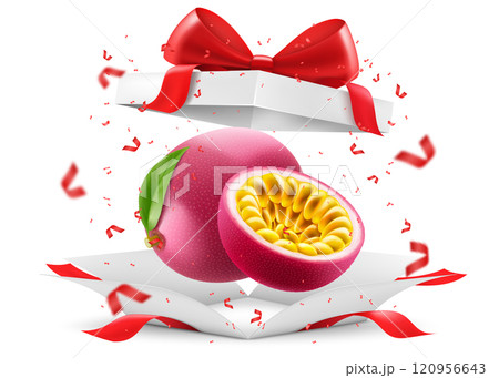 Passion fruit in a gift box with a red bow isolated on transparent background. Ripe purple passion fruit or passiflora edulis for package design. Realistic 3d Vector illustration of tropical fruits. Passion fruit in a gift box with a red bow isolated on transparent background. Ripe purple passion fruit or passiflora edulis for package design. Realistic 3d Vector illustration of tropical fruits. 120956643
