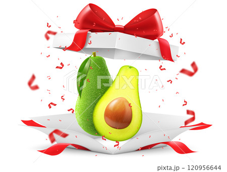 Fresh fruit avocado in a gift box with a red bow isolated on transparent background. Whole and halved avocado with bone. Green avocado for healthy eating. Realistic 3d vector illustration. 120956644