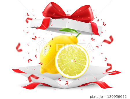 Bright lemon fruit in open gift box with a red bow isolated on transparent background. Fresh juicy lemon as a gift. Ripe fruits for healthy eating. Realistic 3d vector illustration. Bright lemon fruit in open gift box with a red bow isolated on transparent background. Fresh juicy lemon as a gift. Ripe fruits for healthy eating. Realistic 3d vector illustration. 120956651