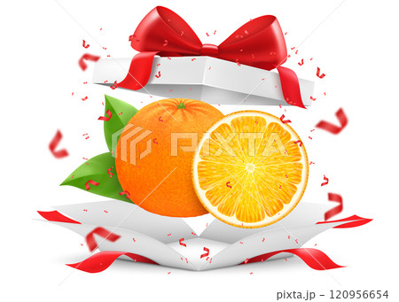 Orange in open gift box with a red bow isolated on transparent background. Fresh juicy orange as a gift. Ripe fruits for healthy eating. Realistic 3d vector illustration. 120956654