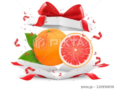 Grapefruit in open gift box with a red bow isolated on transparent background. Fresh juicy grapefruit as a gift. Ripe fruits for healthy eating. Realistic 3d vector illustration. 120956656