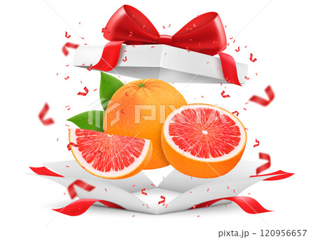 Grapefruit in open gift box with a red bow isolated on transparent background. Fresh juicy grapefruit as a gift. Ripe fruits for healthy eating. Realistic 3d vector illustration. Grapefruit in open gift box with a red bow isolated on transparent background. Fresh juicy grapefruit as a gift. Ripe fruits for healthy eating. Realistic 3d vector illustration. 120956657