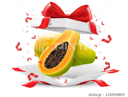 Papaya in open gift box with a red bow isolated on transparent background. Half of papaya with seeds, slice and whole juicy fruit. Tropical, exotic fruit. Realistic 3d vector illustration. Papaya in open gift box with a red bow isolated on transparent background. Half of papaya with seeds, slice and whole juicy fruit. Tropical, exotic fruit. Realistic 3d vector illustration. 120956665