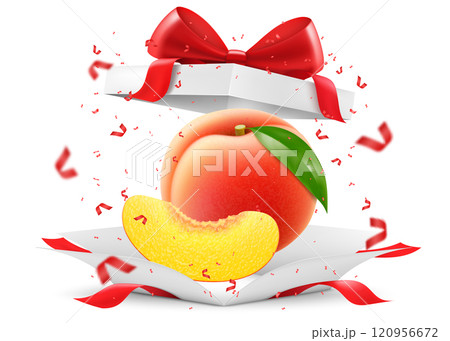 Ripe juicy peach in open gift box with a red bow isolated on transparent background. Delicious sweet fruit. Realistic 3d vector illustration. Summer design. Concept of healthy food, vegetarian dieting 120956672