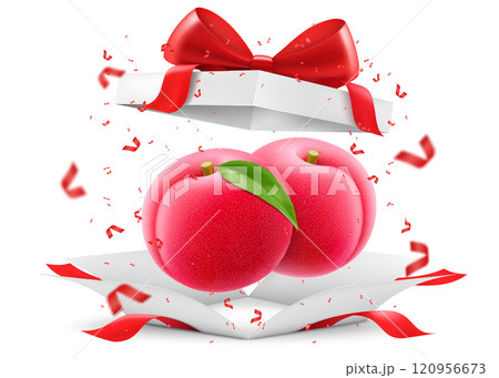 Juicy sweet plum in open gift box with a red bow isolated on transparent background. Round red fruits, prunes, Delicious sweet fruit. Realistic 3d vector illustration. Summer design. Healthy food, 120956673