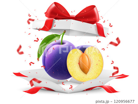 Sweet purple plums in open gift box with a red bow isolated on transparent background. Delicious sweet fruit. Realistic 3d vector illustration. Summer design. Healthy food, Sweet purple plums in open gift box with a red bow isolated on transparent background. Delicious sweet fruit. Realistic 3d vector illustration. Summer design. Healthy food, 120956677