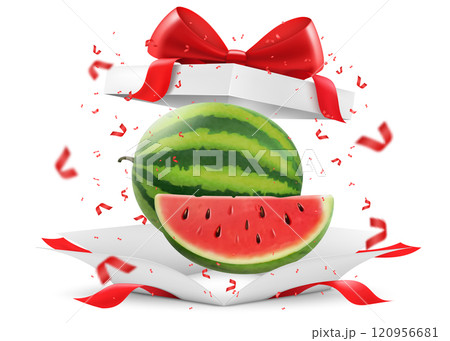 Fresh watermelon in open gift box with a red bow isolated on transparent background. A whole watermelon and pieces of a delicious watermelon. Realistic 3d vector illustration. Bright fruit composition Fresh watermelon in open gift box with a red bow isolated on transparent background. A whole watermelon and pieces of a delicious watermelon. Realistic 3d vector illustration. Bright fruit composition 120956681