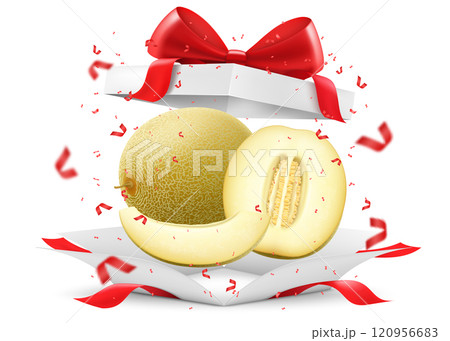 Fresh melon in open gift box with a red bow isolated on transparent background. A whole sweet melon and pieces of a delicious melon. Realistic 3d vector illustration. Bright fruit composition Fresh melon in open gift box with a red bow isolated on transparent background. A whole sweet melon and pieces of a delicious melon. Realistic 3d vector illustration. Bright fruit composition 120956683