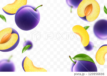 Flying ripe purple plum . Bright advertising background falling juicy sweet plums, realistic illustration with blurred effect. 3d vector design for advertising banners and web page design 120956698