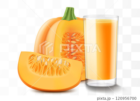 A glass of fresh pumpkin juice or smoothie. Cup of cocktail with carrot vegetables, isolated on transparent background. Realistic 3d vector illustration 120956700