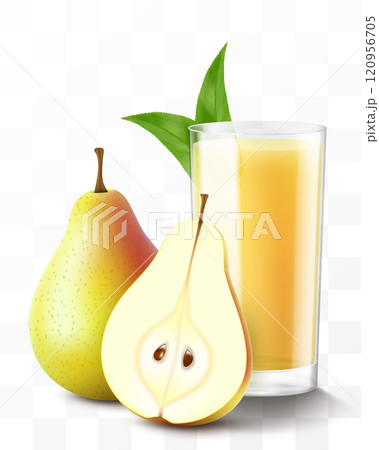A glass of fresh pear juice or smoothie. Cup of cocktail or yogurt with sweet pear, isolated on transparent background. Realistic 3d vector illustration A glass of fresh pear juice or smoothie. Cup of cocktail or yogurt with sweet pear, isolated on transparent background. Realistic 3d vector illustration 120956705