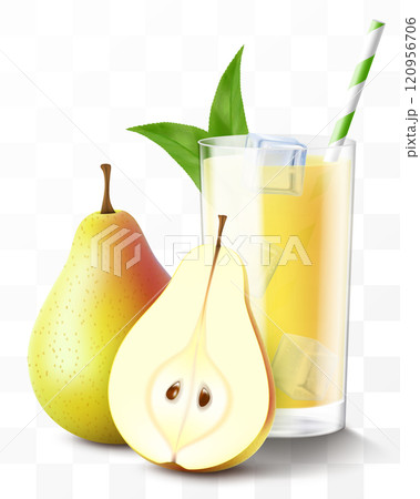 A glass of fresh pear juice or smoothie. Cup of cocktail or yogurt with sweet pear, isolated on transparent background. Realistic 3d vector illustration A glass of fresh pear juice or smoothie. Cup of cocktail or yogurt with sweet pear, isolated on transparent background. Realistic 3d vector illustration 120956706