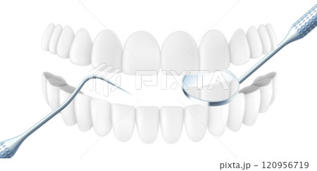 Teeth with dental scaler and stainless steel mouth mirror isolated on white background. Dental professional tools for treating human teeth and oral cavity. Realistic 3d vector illustration. 120956719