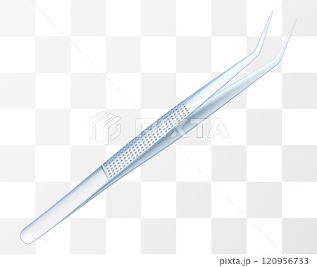 Dental steel tweezers isolated on transparent background. Dental professional tools for monitoring and treating human teeth and oral cavity. Realistic 3d vector illustration. Dental steel tweezers isolated on transparent background. Dental professional tools for monitoring and treating human teeth and oral cavity. Realistic 3d vector illustration. 120956733