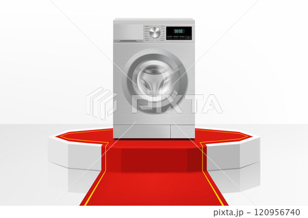 Illuminated podium or Pedestal with red path and washing machine. Modern, realistic 3d vector illustration of home appliances. Front view, close-up. 120956740