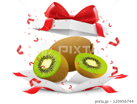 Kiwi fruit in open gift box with a red bow isolated on transparent background. Fresh juicy kiwi as a gift. Ripe fruits for healthy eating. Realistic 3d vector illustration. 120956744