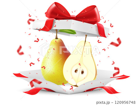 Ripe juicy pear in open gift box with a red bow isolated on transparent background. A whole pear and pieces of a delicious pear as a gift. Realistic 3d vector illustration. Bright fruit composition Ripe juicy pear in open gift box with a red bow isolated on transparent background. A whole pear and pieces of a delicious pear as a gift. Realistic 3d vector illustration. Bright fruit composition 120956748