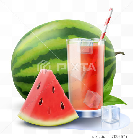 A glass of fresh watermelon juice or smoothie with straw. Cup of cocktail or yogurt with watermelon, isolated on transparent background. Realistic 3d vector illustration 120956753
