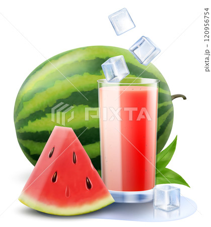 A glass of fresh watermelon juice or smoothie with ice cubes falling into the glass. Cup of cocktail or yogurt with watermelon, isolated on transparent background. Realistic 3d vector illustration 120956754
