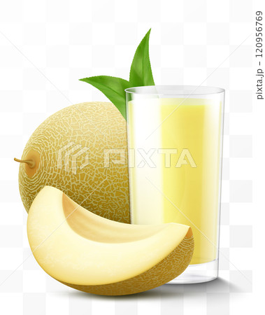 A glass of fresh melon juice or smoothie. Cup of cocktail or yogurt with melon fruits, isolated on transparent background. Realistic 3d vector illustration A glass of fresh melon juice or smoothie. Cup of cocktail or yogurt with melon fruits, isolated on transparent background. Realistic 3d vector illustration 120956769