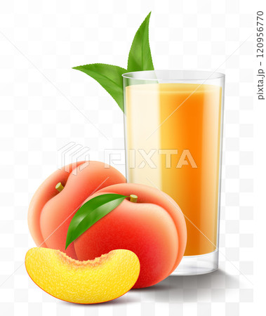 A glass of fresh peach juice or smoothie. Cup of cocktail or yogurt with ripe sweet peach fruits, isolated on transparent background. Realistic 3d vector illustration A glass of fresh peach juice or smoothie. Cup of cocktail or yogurt with ripe sweet peach fruits, isolated on transparent background. Realistic 3d vector illustration 120956770