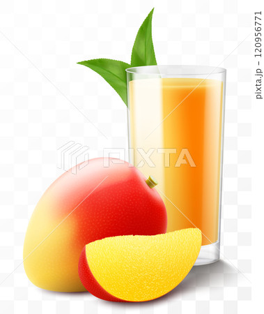 A glass of fresh mango fruit juice or smoothie with ice cubes falling into the glass. Cup of vitamin cocktail or yogurt with tasty mango, isolated on transparent background. Realistic 3d vector A glass of fresh mango fruit juice or smoothie with ice cubes falling into the glass. Cup of vitamin cocktail or yogurt with tasty mango, isolated on transparent background. Realistic 3d vector 120956771