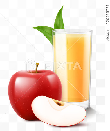 A glass of fresh apple juice or smoothie. Cup of cocktail or yogurt with red apple, isolated on transparent background. Realistic 3d vector illustration 120956773