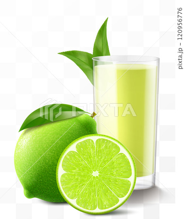 A glass of fresh mojito or lime juice or smoothie with lime fruits isolated on transparent background. Realistic 3d vector illustration. A glass of fresh mojito or lime juice or smoothie with lime fruits isolated on transparent background. Realistic 3d vector illustration. 120956776