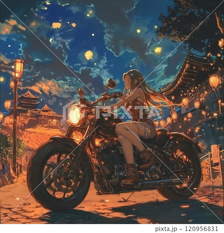 「夜空のランタンとオートバイに乗る女性 - 和風の街並みで自由なひととき」 「夜空のランタンとオートバイに乗る女性 - 和風の街並みで自由なひととき」 120956831