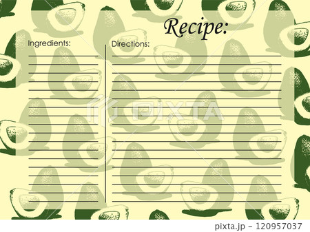 Recipe card template, empty blank. Cartoon recipe card template with avocado illustration Recipe card template, empty blank. Cartoon recipe card template with avocado illustration 120957037