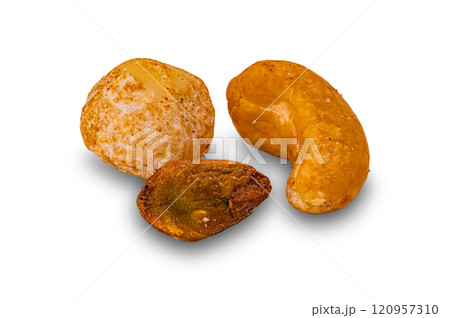 High angle view of roasted crispy salted different nuts. 120957310