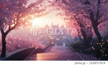 An avenue of Japanese cherry trees in pink and white blossom, in the blurred background. 120957424