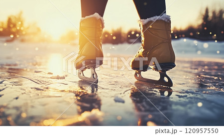Close-up of a woman's feet on ice skates, skating across an icy lake in winter. 120957550