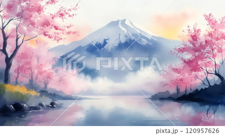 富士山と桜と川の水彩画。日本の春の自然風景イラスト 120957626