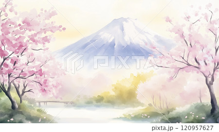 富士山と桜の水彩画 120957627
