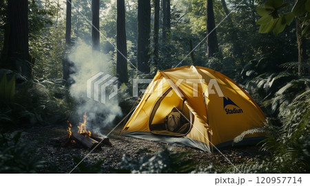 A yellow tent set up in the forest, surrounded by tall trees and lush foliage. A yellow tent set up in the forest, surrounded by tall trees and lush foliage. 120957714