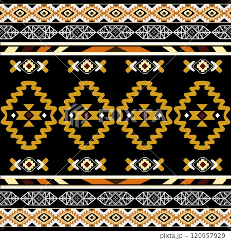 Indian ethnic tribal fabric pattern features a geometric style in vibrant yellow and white tones, set ethnic a striking black background. Inspired by the art of ethnic India, the design brings crafted Indian ethnic tribal fabric pattern features a geometric style in vibrant yellow and white tones, set ethnic a striking black background. Inspired by the art of ethnic India, the design brings crafted 120957929