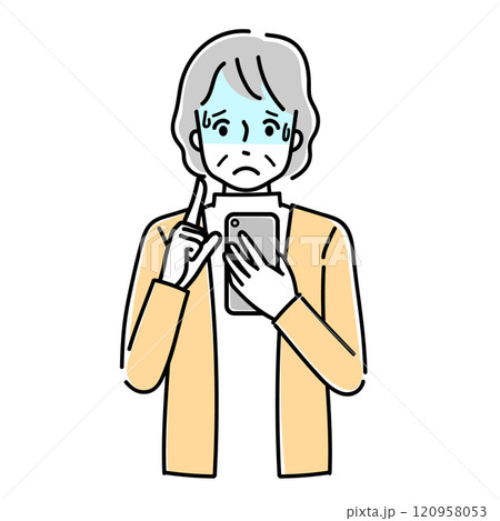 スマホを操作して困っているシニア スマホを操作して困っているシニア 120958053