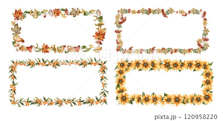 Autumn frames with leaves, mushrooms, flowers, insect and animal. Watercolor hand drawn floral isolated illustration set for fall design, cozy cards, print, labels, tags, kitchen textile, home decor Autumn frames with leaves, mushrooms, flowers, insect and animal. Watercolor hand drawn floral isolated illustration set for fall design, cozy cards, print, labels, tags, kitchen textile, home decor 120958220