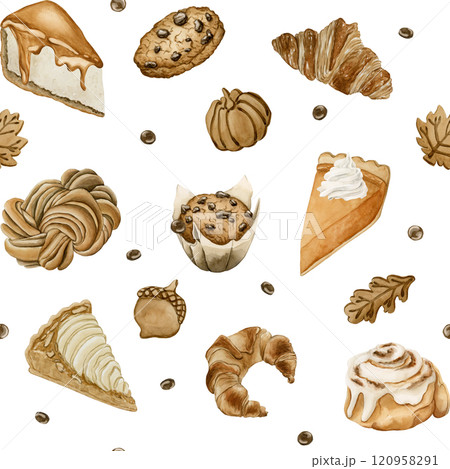 Autumn Pastry and Desserts. Fall Delicious Candy Sweets. Watercolor food seamless pattern on white background for bakery design, kitchen textile, delicious fabric, wrapping paper, cozy packages, cards 120958291
