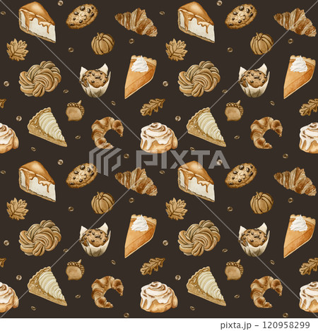 Autumn Pastry and Desserts. Fall Delicious Candy Sweets. Watercolor food seamless pattern on dark background for bakery design, kitchen textile, delicious fabric, wrapping paper, cozy packages, cards Autumn Pastry and Desserts. Fall Delicious Candy Sweets. Watercolor food seamless pattern on dark background for bakery design, kitchen textile, delicious fabric, wrapping paper, cozy packages, cards 120958299