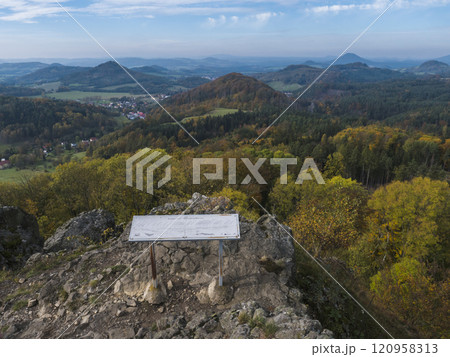 Panoramic view from viewpoint Stredni vrch near Dolni Prysk, Ceska Kamenice. Autumn landscape with colorful forest, hills and blue cloudy sky in Luzicke hory Lusatian Mountains, Czech Republic. 120958313