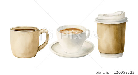 Coffee tea cup, mug and disposable craft paper cup takeaway. Hot beverages set. Watercolor food illustration hand painted isolated on white background for coffee shop design, cafe menu, packages 120958323