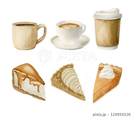 Coffee tea cups and pastry desserts sets. Hot beverages and sweets. Watercolor food illustration hand painted isolated on white background for coffee shop design, cafe menu, packages, kitchen textile 120958326