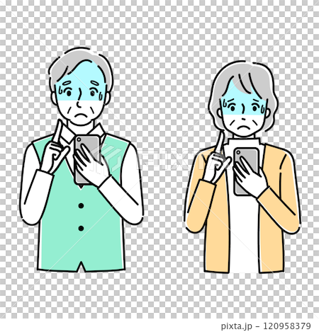 スマホを操作して困っているシニア 120958379