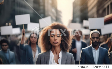 Group of young African American people protesting in the street holding protest signs and placards. Public demonstration, civic engagement and social activism with a black woman in front of the crowd 120958411