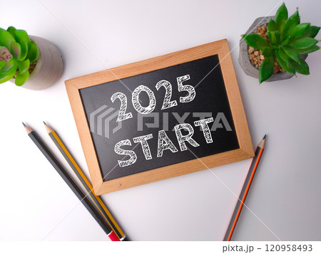 Top view wooden board 2025 START on a white background. Business concept. 120958493